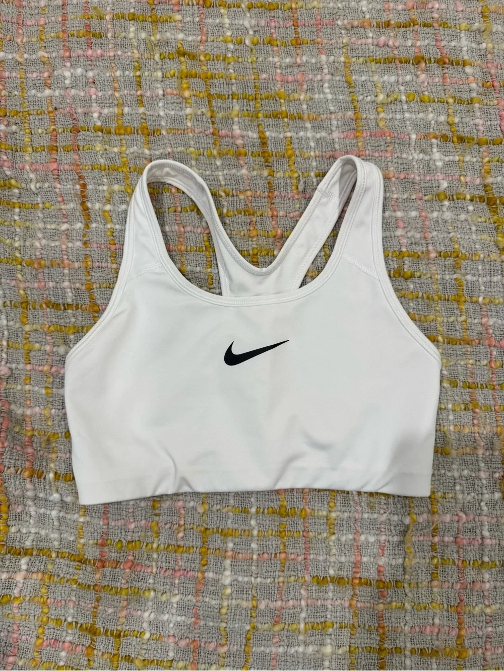 Nike White Racerback Training Sports Bra with Black Swoosh